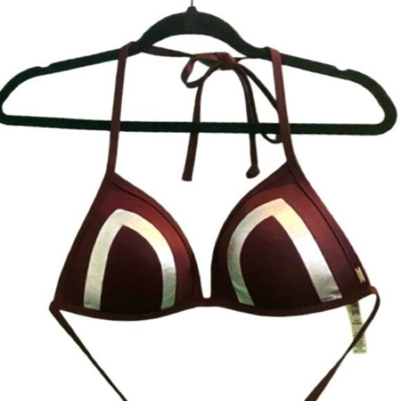 PINK Victoria's Secret Burgundy Silver Foil Triangle String Bikini Top Sz Large - Picture 5 of 6